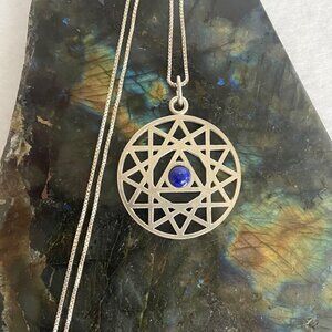Sterling Silver 925 Lapis Openwork Round Mandala Trinity Star Pendant Necklace